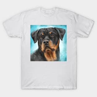 Painting of an Adorable Rottweiler with a Curious Look - Light Blue Spattered Background T-Shirt